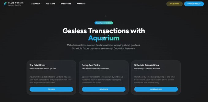 A Fluid Tokens website landing page for Aquarium featuring the headline 'Gasless Transactions with Aquarium' and three feature cards: 'Try Babel Fees', 'Setup Fee Tanks', and 'Schedule Transactions'.