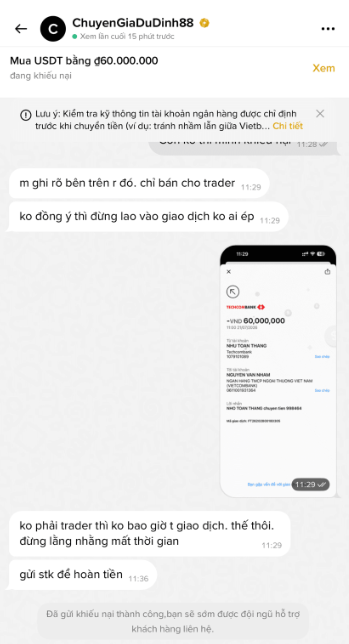 A Vietnamese Telegram chat from ChuyenGiaDuDinh88 advertising USDT for 60,000,000 VND with bank transfer details.