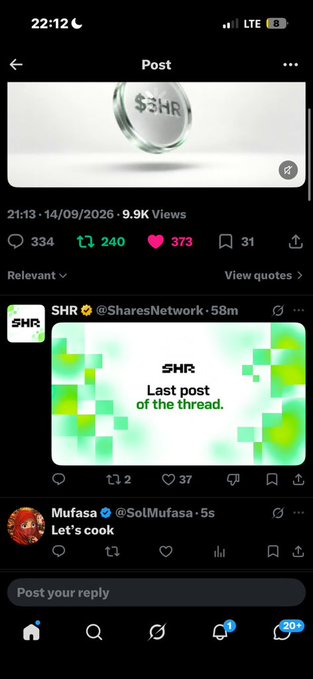 Mobile screenshot of a social media post showing a transparent $SHR token token graphic, with engagement metrics (334 comments, 240 retweets, 373 likes) and replies from users @SharesNetwork and @SolMufasa.