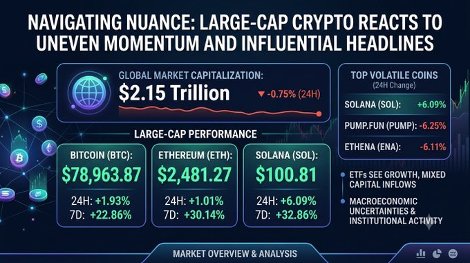 A crypto market overview graphic titled 'NAVIGATING NUANCE: LARGE-CAP CRYPTO REACTS TO UNEVEN MOMENTUM AND INFLUENTIAL HEADLINES', showing global market cap at $2.15 Trillion (-0.75% 24H), with BTC at $78,963.87, ETH at $2,481.27, SOL at $100.81, plus top volatile coins SOL +6.09%, PUMP.FUN -6.25%, and ENA -6.11%.