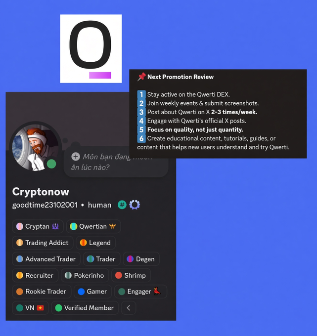 A Discord profile for 'Cryptonow' showing badges like 'Qwertian', 'Legend', and 'Verified Member', alongside a 'Next Promotion Review' checklist for Qwerti DEX activities.
