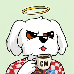 A cartoon white dog with a golden halo drinking from a mug labeled 'GM' while wearing a red and white checkered shirt.