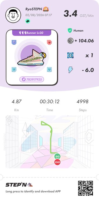 A STEPN app screenshot showing a 'Runner Lv30' sneaker NFT by user 'RyoSTEPN' with stats including 4.87 Km, 00:30:12 time, 4998 steps, and earnings of 3.4 GST/Min and +104.06.
