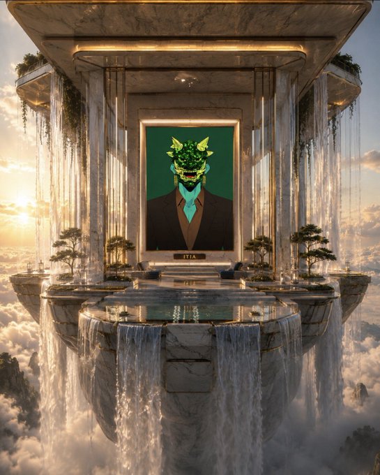 An NFT artwork featuring a green, horned creature in a suit is displayed in a grand, ethereal temple floating in the clouds. The text "ITIA" is visible below the artwork, relating to the post's search for those who value art and the long game in NFTs.