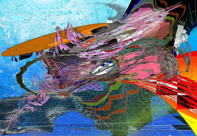 An abstract digital artwork featuring chaotic, colorful brushstrokes and shapes in pink, blue, orange, and green, with a mesh-like texture overlay.