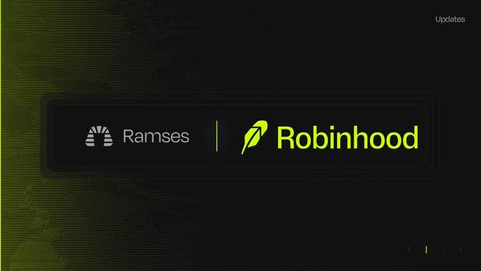 The image shows a partnership graphic featuring the "Ramses" logo alongside the "Robinhood" logo, with the word "Updates" in the top right corner. In the context of the post, this image likely serves as the header for an announcement about upcoming developments regarding Ramses' DLMM-style pools on the Robinhood platform.
