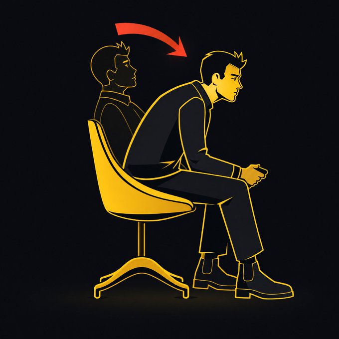 A stylized yellow and black illustration shows a man slouching in a chair, with a translucent outline of his previous upright posture behind him and a red arrow indicating his forward-leaning slouch.