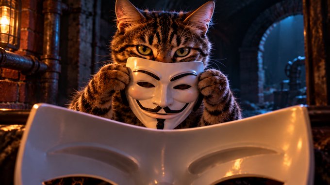 An artistic image of a tabby cat holding a Guy Fawkes mask above an open laptop in a dimly lit industrial setting.