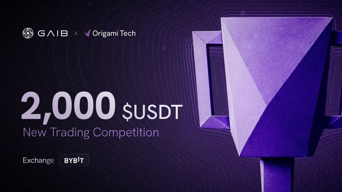 Promotional graphic for GAIB x Origami Tech's 'New Trading Competition' offering a prize pool of 2,000 $USDT, with the exchange partner listed as BYBIT.