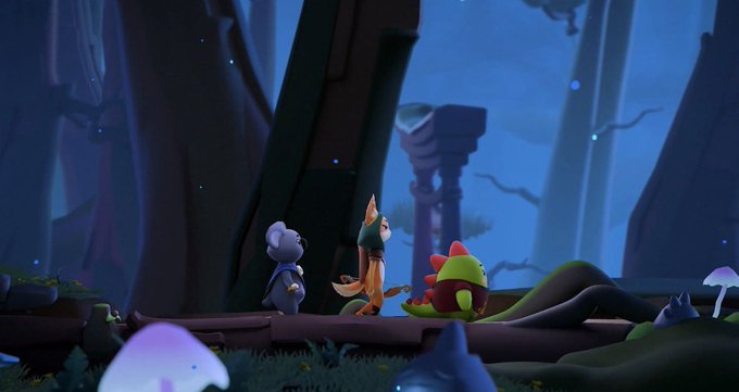 The image features three cartoon characters - a cat, a dog, and a lizard - standing together in front of trees with mushrooms growing around them. The scene appears to be set in a forest or woods area at night, creating an atmosphere of mystery and adventure. The characters seem to be exploring the environment, possibly searching for something or just enjoying each other's company.