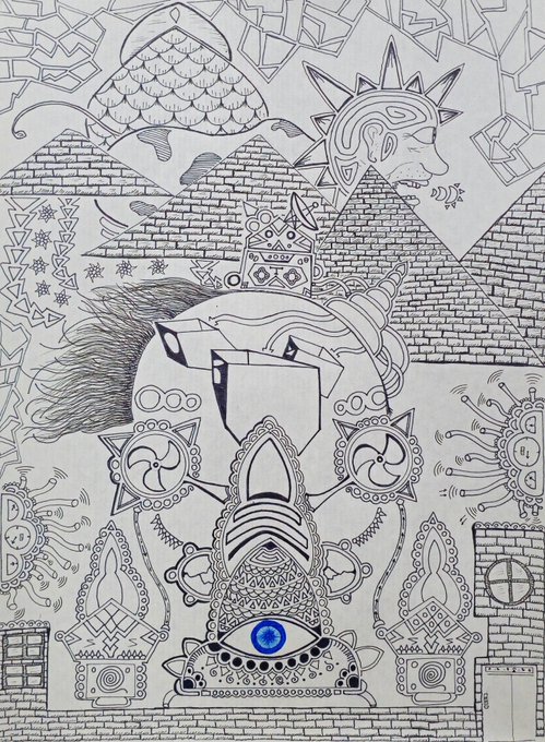 A detailed black-and-white line drawing featuring a central unicorn-like figure with a single blue eye, surrounded by various symbols, geometric patterns, and sun-like designs.