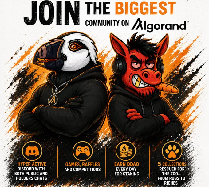 A promotional graphic for the DDAO community on the Algorand ($ALGO) blockchain featuring cartoon mascots of a toucan and a pig in black hoodies, with text reading "JOIN THE BIGGEST COMMUNITY ON Algorand" and four feature highlights: hyper active Discord, games/raffles/competitions, daily $ALGO staking rewards, and 5 collections rescuing zoo animals—matching the post's nostalgic, community-focused GM sentiment about $ALGO NFTs.