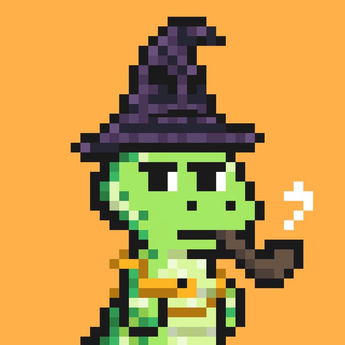 A pixel art illustration depicts a green frog character wearing a purple wizard hat, smoking a pipe against an orange background.