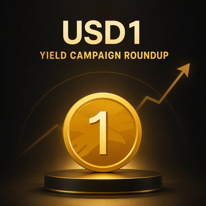 The image features a gold coin with the number 1 on it, placed on a black platform against a dark background. The text "USDC1 Yield Campaign Roundup" is displayed above the coin, indicating that this is related to a campaign or investment opportunity involving USDC currency. The post also mentions that there are multiple yield opportunities available for those holding $USD1 and provides details about these options.