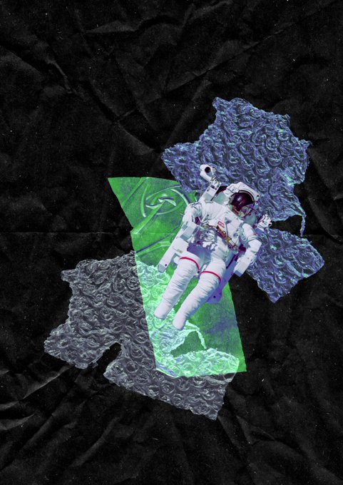 An artistic collage shows an astronaut floating against a dark, crumpled paper background, surrounded by textured, lunar-like surfaces and translucent geometric shapes in blue and green.