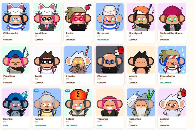 A grid of 18 cartoon monkey NFT character cards with names like Chikanosuke, Koorihime, Rerina, Kazumasa, Mochiyoshi, Sachlaki the Moon, Zenshirou, Amlra, Konoka, Chenran, Yuhaya, Kimitsuburou, Hachiko, Kaneho, Kotona, Tamanga, Kuzaemon, and Akehiko, labeled with rarity tiers (COMMON, UNCOMMON, BASE).