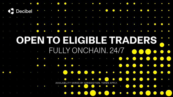 The image features a black background with yellow dots scattered across it, creating an abstract pattern. The text on the poster reads "Open to Eligible Traders". It also includes some information about terms and conditions for trading services through the Decibel platform.