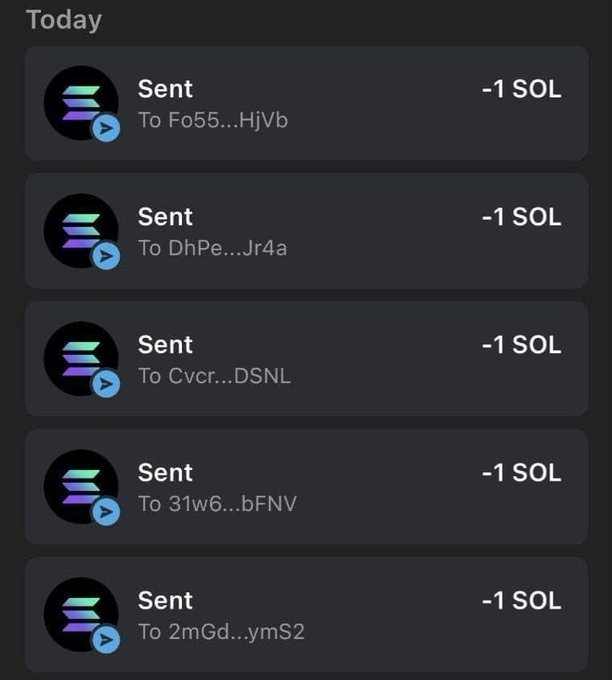 A mobile app screen showing a transaction history list under 'Today', displaying multiple 'Sent' entries of '-1 SOL' to various truncated wallet addresses on the Solana blockchain.