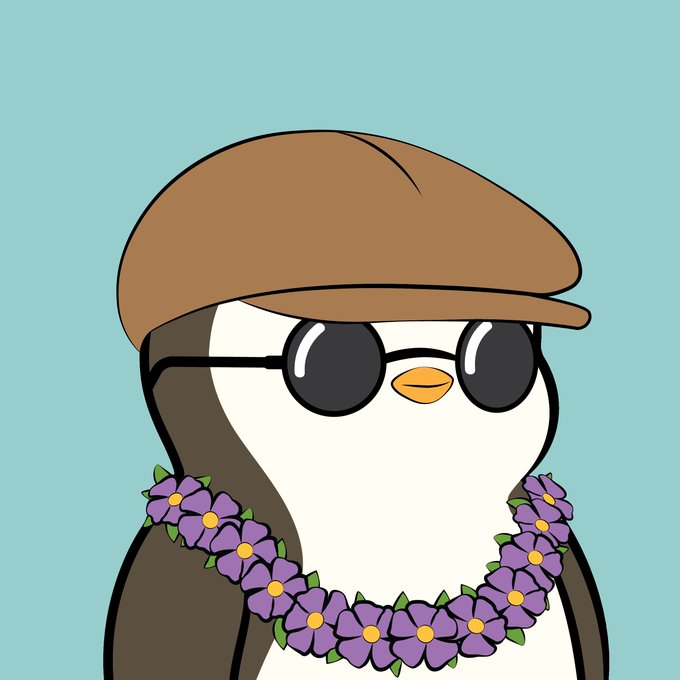 A cartoon penguin wearing a brown flat cap, dark sunglasses, and a purple flower lei against a light blue background.