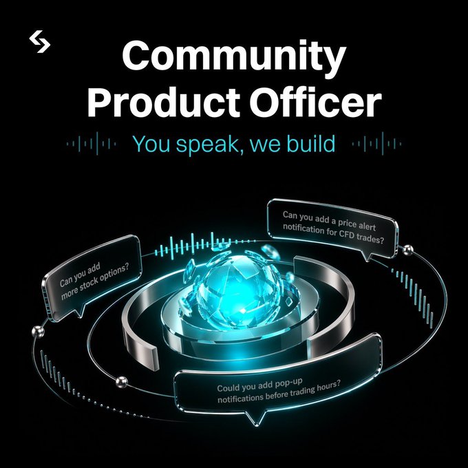 An advertisement for a community product officer program that helps create products people use everyday. The poster says "You Speak. We Build". A small globe with blue lights surrounds the text. In the center of the globe, there are multiple speech bubbles containing different options such as creating new features and pricing schemes to add onto existing products or even creating new features like notifications.