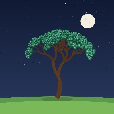 A simple digital illustration of a green-leafed tree on a grassy hill under a dark blue starry night sky with a full moon.