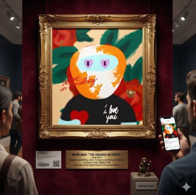 A museum display of framed digital art titled 'MEME #404: "The Orange Believer," Circa 2024', showing an orange character with heart eyes and 'I love you' text, with a visitor photographing it on a smartphone.