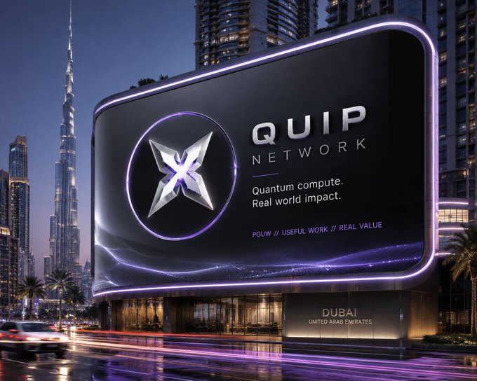 A glowing billboard in Dubai advertises "QUIP NETWORK" with the tagline "Quantum compute. Real world impact." and "POW // USEFUL WORK // REAL VALUE," set against the city's iconic skyline including the Burj Khalifa.

The image visually reinforces the post's message about institutional trust and quantum security, using Quip Network's branding to suggest a Dubai-based quantum-resilient infrastructure solution for long-term financial asset protection.