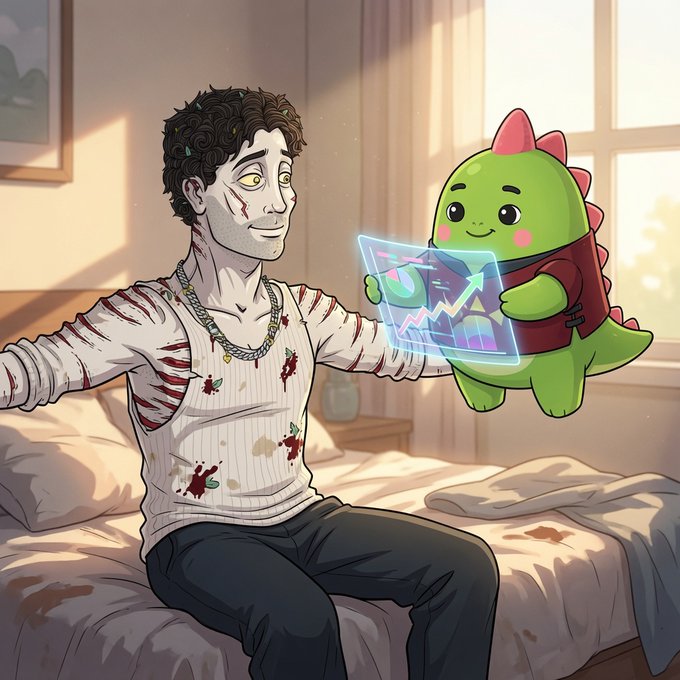 A bloodied, disheveled man sits on a bed staring at a floating green dinosaur mascot holding up a glowing sleep-tracking dashboard, illustrating the post's point that raw sleep data alone doesn't explain—or solve—the exhaustion and mood struggles people push through.