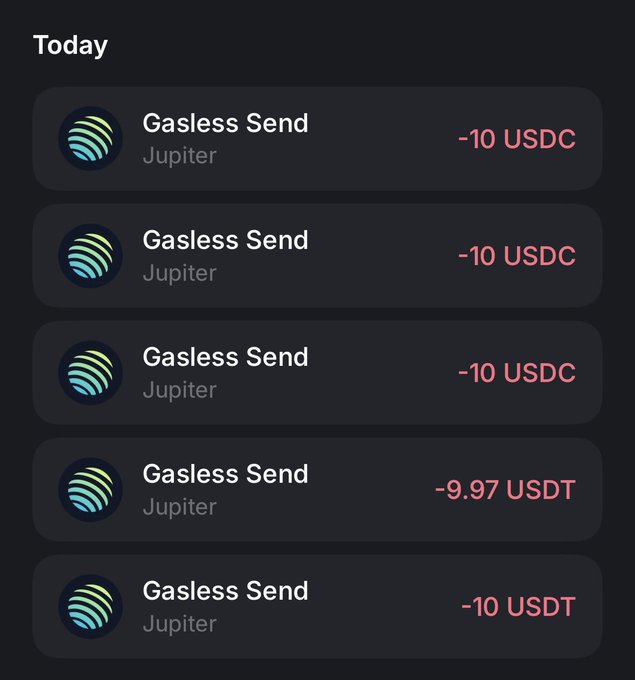 A transaction history screenshot from Today shows five "Gasless Send" transactions via Jupiter totaling approximately -49.97 USDT/USDC, confirming the $50 giveaway sent out to winners including @jennydotsol, @funksqr, @DannyYhoung, @Benbruce_22, and @Tokyofwm.