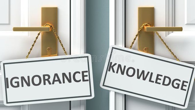 Two white doors with gold handles, each with a hanging sign—one labeled 'IGNORANCE' on the left and 'KNOWLEDGE' on the right—representing a choice between the two concepts.
