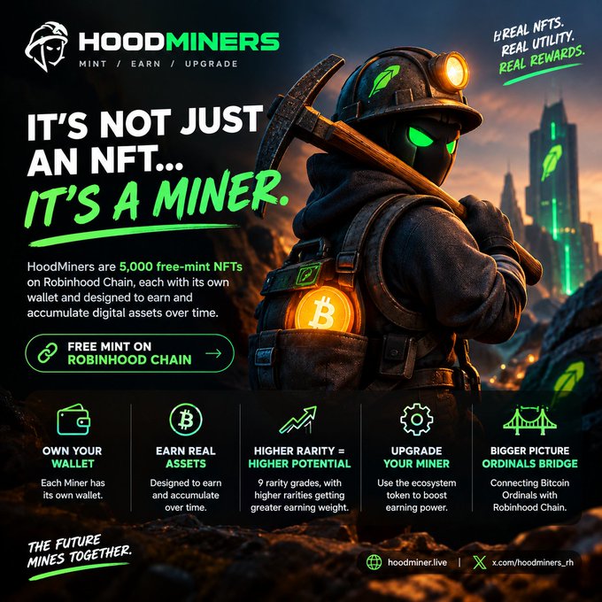 A promotional advertisement for 'HOODMINERS' NFTs on Robinhood Chain, featuring a hooded miner character holding a pickaxe with a Bitcoin emblem, highlighting features like 'Own Your Wallet,' 'Earn Real Assets,' and 'Higher Rarity = Higher Potential.'