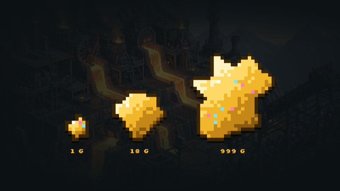 Three pixel-art golden ingots or nuggets of increasing size (labeled 1 G, 18 G, and 999 G) displayed against a dark, pixelated medieval-fantasy cityscape background.