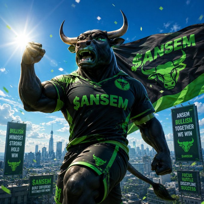 A digital artwork of a muscular bull wearing a green and black jersey with '$ANSEM' on it, holding a flag that also says '$ANSEM', standing before a city skyline with signs reading 'BULLISH MINDSET STRONG HOLD WIN' and 'ANSEM BULLISH TOGETHER WE WIN'.