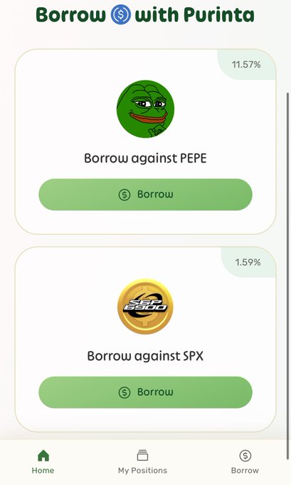 Purinta's "Borrow with Purinta" interface displays two borrowing options: PEPE at 11.57% and SPX at 1.59%, illustrating the dApp's memecoin-collateralized USDC borrowing feature described in the post.