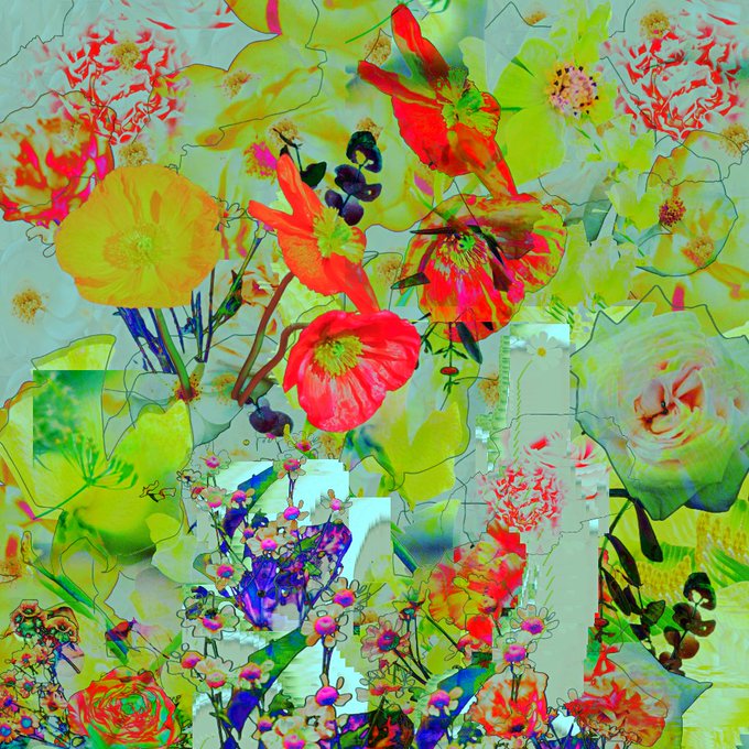 A vibrant, psychedelic collage of various flowers in bright shades of red, yellow, green, and pink with a watercolor and digital art style.