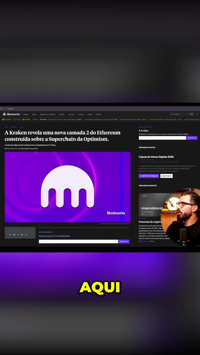 The image shows a website with a purple background, featuring an article about Bitcoin and Ethereum. The title of the article reads "Aqui pode lançar sua própria Layer 2 da Ethereum, seguindo os passos da Binance". This suggests that the post is promoting Bitcoin and Ethereum as investment opportunities in the cryptocurrency market.