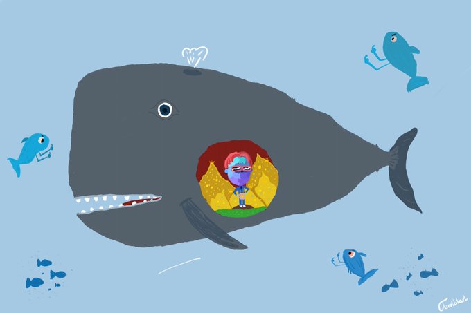 A cartoon illustration shows a large gray whale with a small boy standing in a window on its side, surrounded by small blue fish.