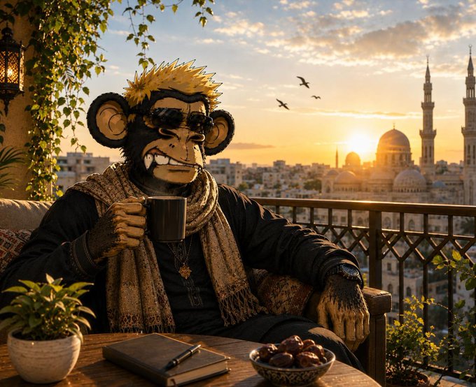 A digital illustration of a stylized monkey with blonde hair and sunglasses wearing a scarf, sitting on a balcony at sunset holding a coffee mug, with a mosque/cityscape in the background.