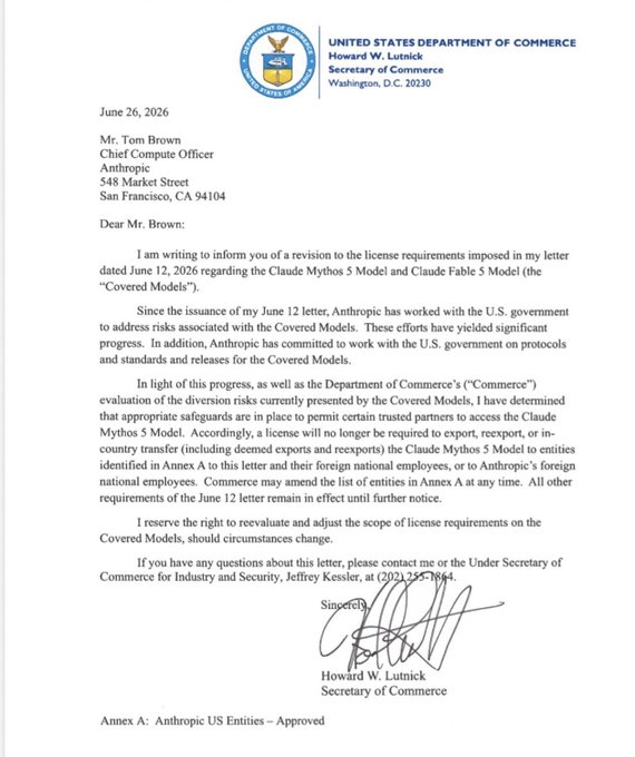 A letter dated June 26, 2026 from U.S. Secretary of Commerce Howard W. Lutnick to Anthropic's Tom Brown announces a revision to license requirements for the "Covered Models" (Claude Mythos 5 and Claude Fable 5), allowing trusted U.S. partners to access the Claude Mythos 5 Model while restricting export to entities in Annex A and their foreign national employees. The accompanying post's claim that Fable 5 is "restricted to Anthropic employees, US officials, and US companies handpicked by those officials" is not supported by the letter's actual text, which only specifies such restrictions for Claude Mythos 5, not Fable 5—suggesting the post's interpretation may be inaccurate or speculative regarding the $TAO (Bittensor) ticker.
