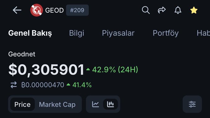 This is a screenshot of the Geodnet cryptocurrency ticker showing a price of $0.305901 with a 42.9% gain in 24 hours, alluding to the post's success with the $GEOD investment.