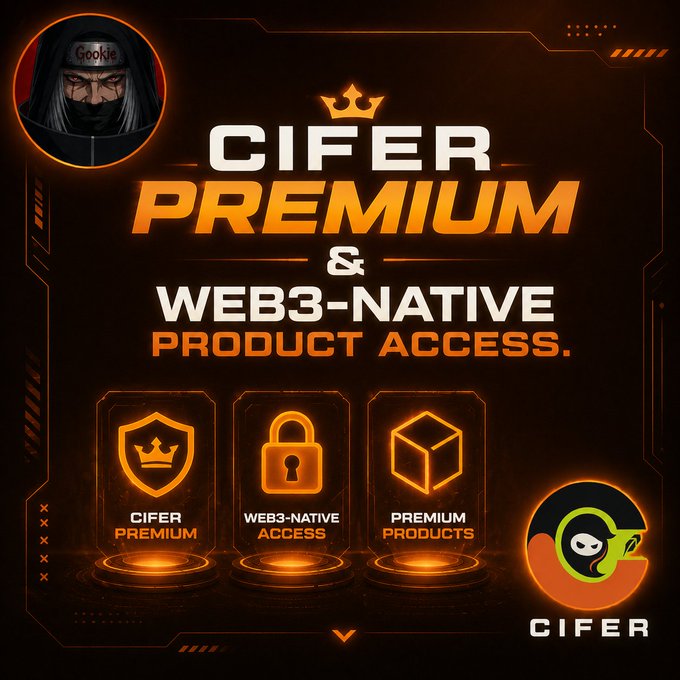 An advertisement for 'CIFER PREMIUM & WEB3-NATIVE PRODUCT ACCESS' featuring a hooded figure and icons for premium, access, and products.