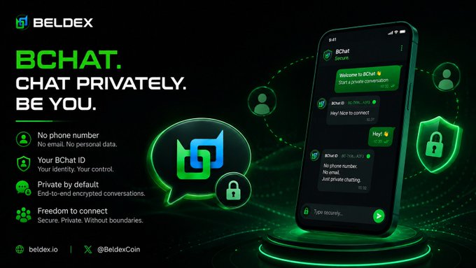 A promotional banner for BELDEX BChat featuring 'CHAT PRIVATELY. BE YOU.' messaging, highlighting features like no phone number required, BChat ID, private by default, and freedom to connect, shown with a mobile app interface.