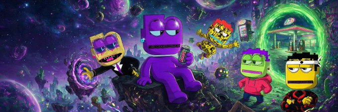 A colorful cosmic illustration featuring various cartoon characters including a purple figure, SpongeBob, and a Blockhead-style character holding drinks.