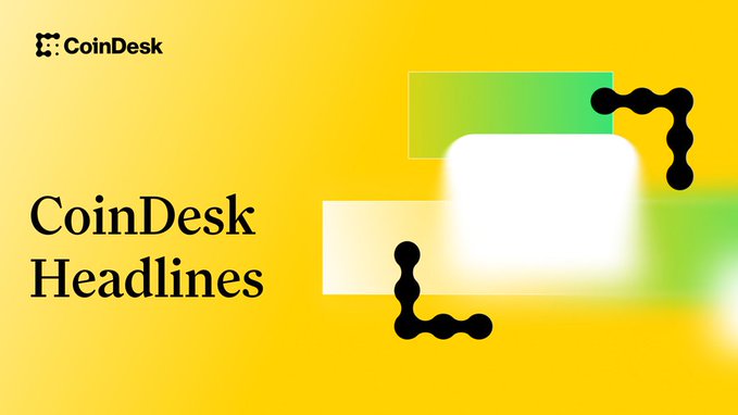 A bright yellow promotional graphic for "CoinDesk Headlines" featuring the CoinDesk logo in the top left, abstract geometric shapes in green and white, and chain-link icons symbolizing blockchain/crypto, with a blank white area likely intended for a headline overlay—matching the post's announcement about Morgan Stanley launching ether and solana ETPs.
