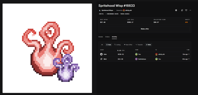 A pixel art 'Spritehood Wisp' NFT (#16633) showing a pink wisp-like figure holding a smaller purple character, displayed on a marketplace page priced at $37.48 with best offer of $299.61.