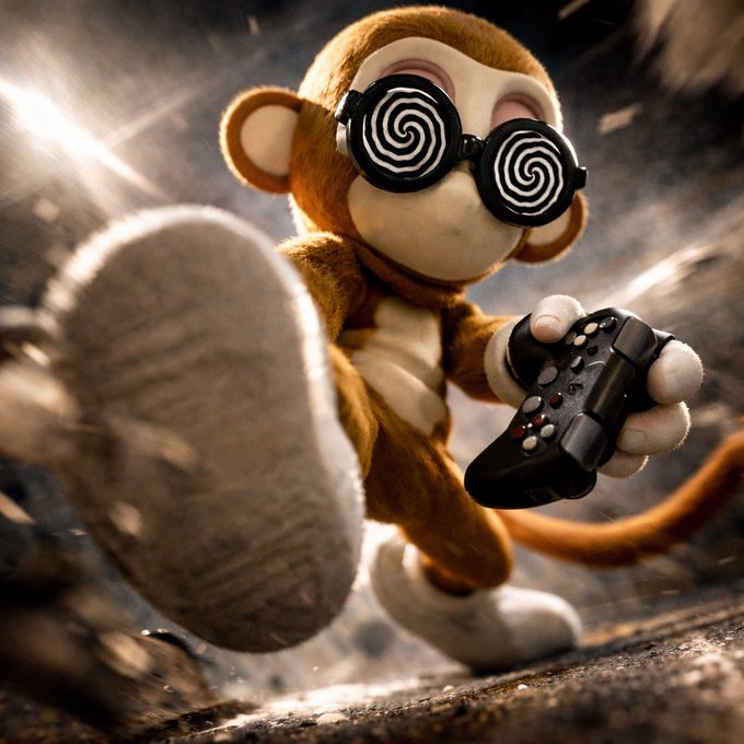 A 3D rendered plush monkey wearing spiral-patterned glasses and holding a PlayStation controller, appearing to kick through a dusty environment.