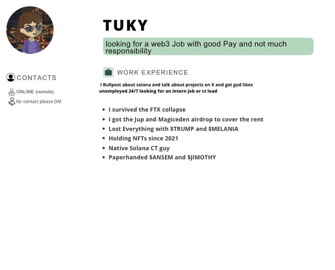 A humorous web3 résumé for "TUKY" seeking a remote job with good pay and minimal responsibility. The CV highlights crypto-related achievements like surviving the FTX collapse, receiving JUP and MagicEden airdrops, getting wrecked by $TRUMP and $MELANIA memecoins, holding NFTs since 2021, and being a paperhanded $ANSEM and $JIMOTHY follower—complementing the post's joke about being a "Solana language" speaker looking for work.