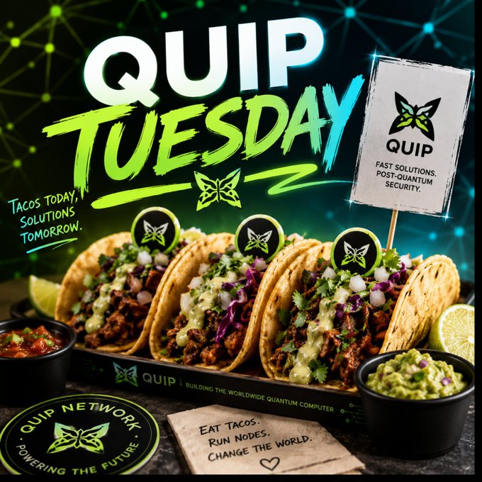 The image features a table with four tacos, each topped with different ingredients such as lettuce, cheese, meat, and guacamole. The table also has two bowls of salsa and guacamole, along with some lime wedges for garnish. The background is black and blue, creating an interesting contrast to the colorful food items on the table. The image includes text that reads "Quip Tuesday" and "Tuesdays", suggesting it's a special day dedicated to tacos or quip-themed activities.