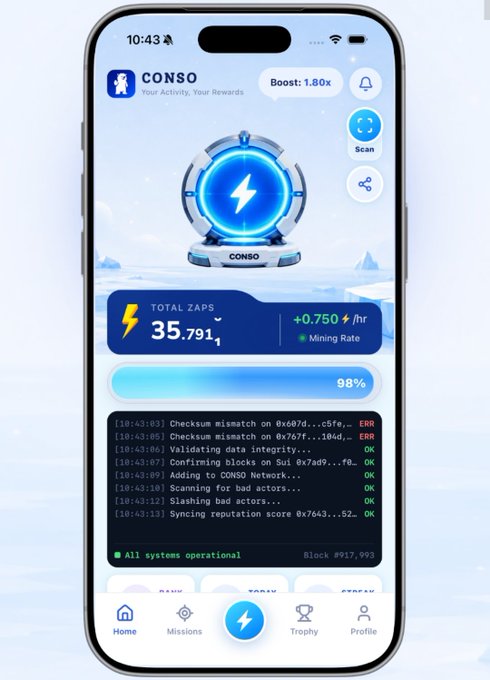 A smartphone screen showing the CONSO app with a 'TOTAL ZAPS' count of 35,791, a 98% progress bar, and a system log indicating all systems are operational.