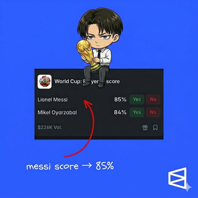 The image shows a small cartoon boy sitting next to a computer screen displaying information about Lionel Messi's soccer performance and the current exchange rates between different cryptocurrency tokens. The background of the image is blue, which matches the color of the text on the screen.